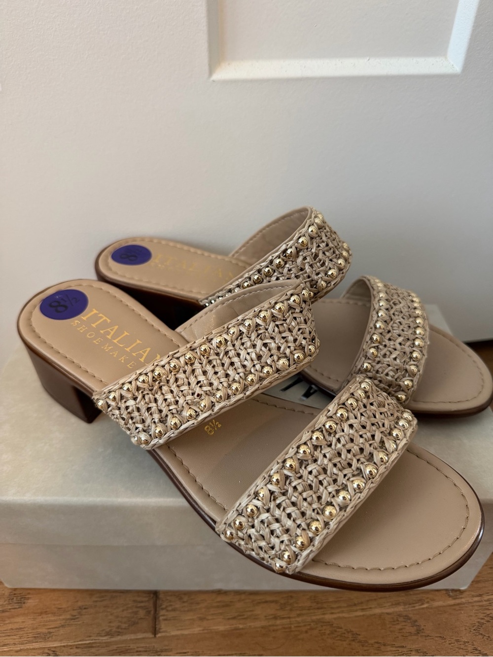 Italian Shoemakers Cream Woven Two‑Band Slide Sandals with Gold Studs - Picture 2 of 4
